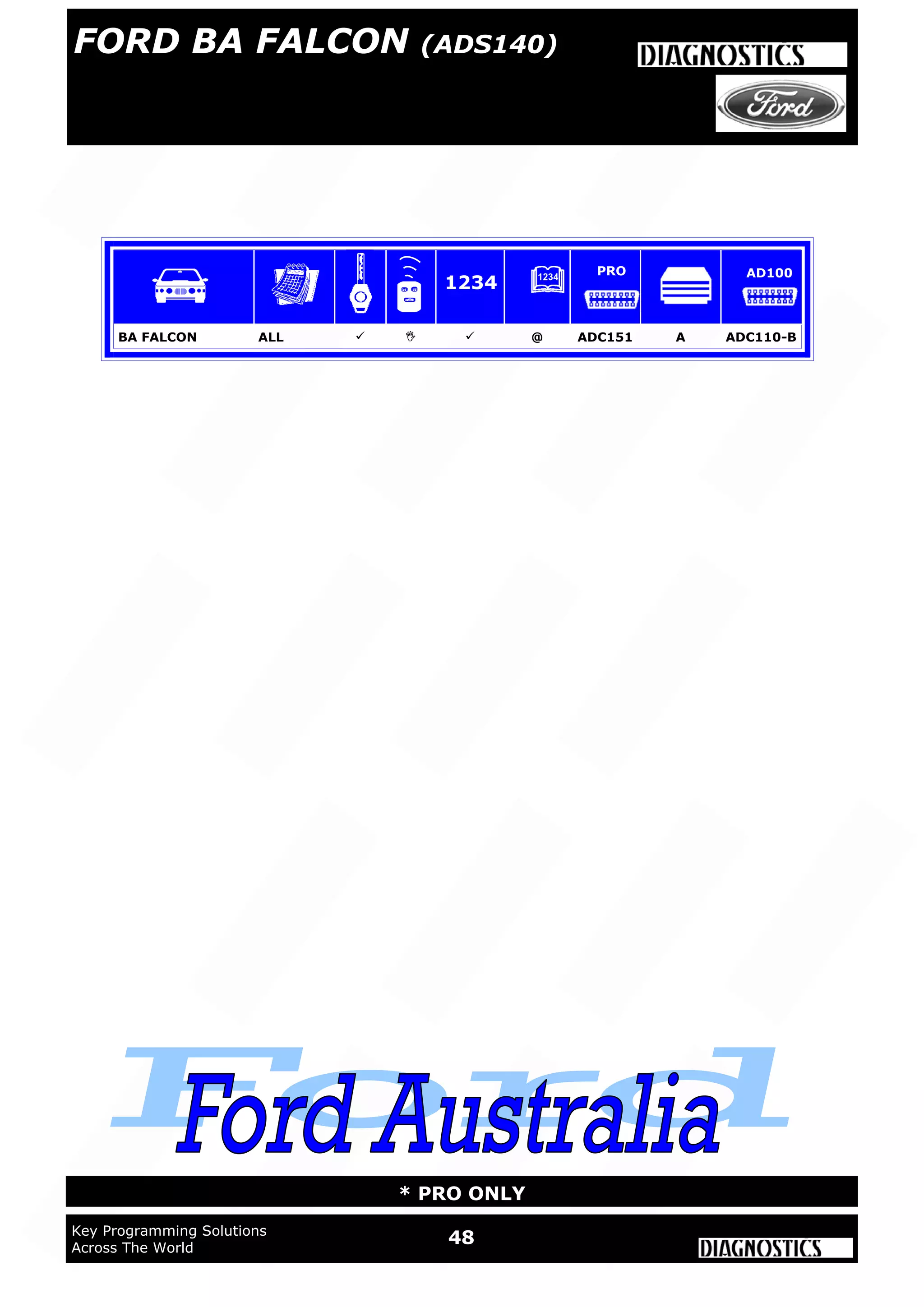 WWW.ADVANCED-DIAGNOSTICS.CO.UK
48Key Programming Solutions
Across The World
* PRO ONLY
BA FALCON ALL    @ ADC151 A ADC110-B
PRO AD100
1234
FORD BA FALCON (ADS140)
 