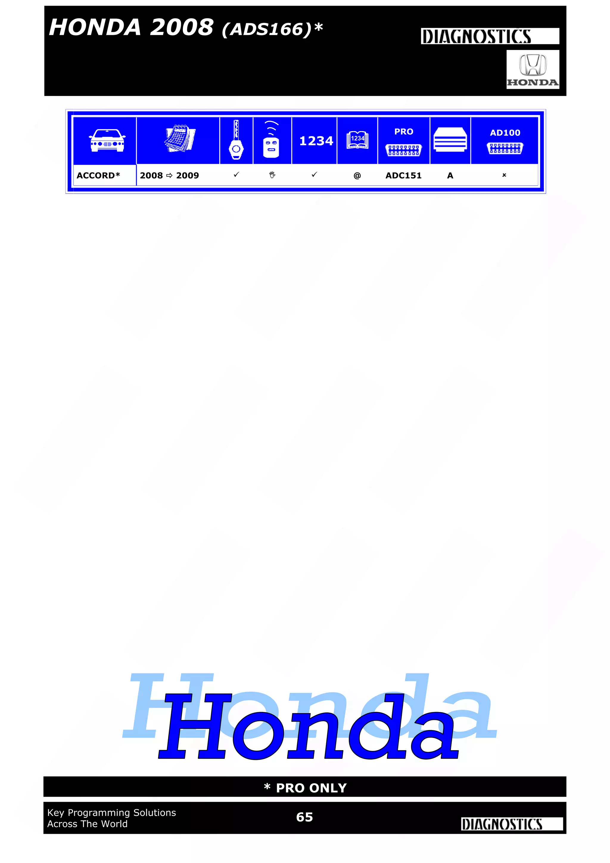65Key Programming Solutions
Across The World
* PRO ONLY
HONDA 2007 (ADS158)
ACCORD* 2008  2009    @ ADC151 A 
1234
PRO AD100
HONDA 2008 (ADS166)*
 