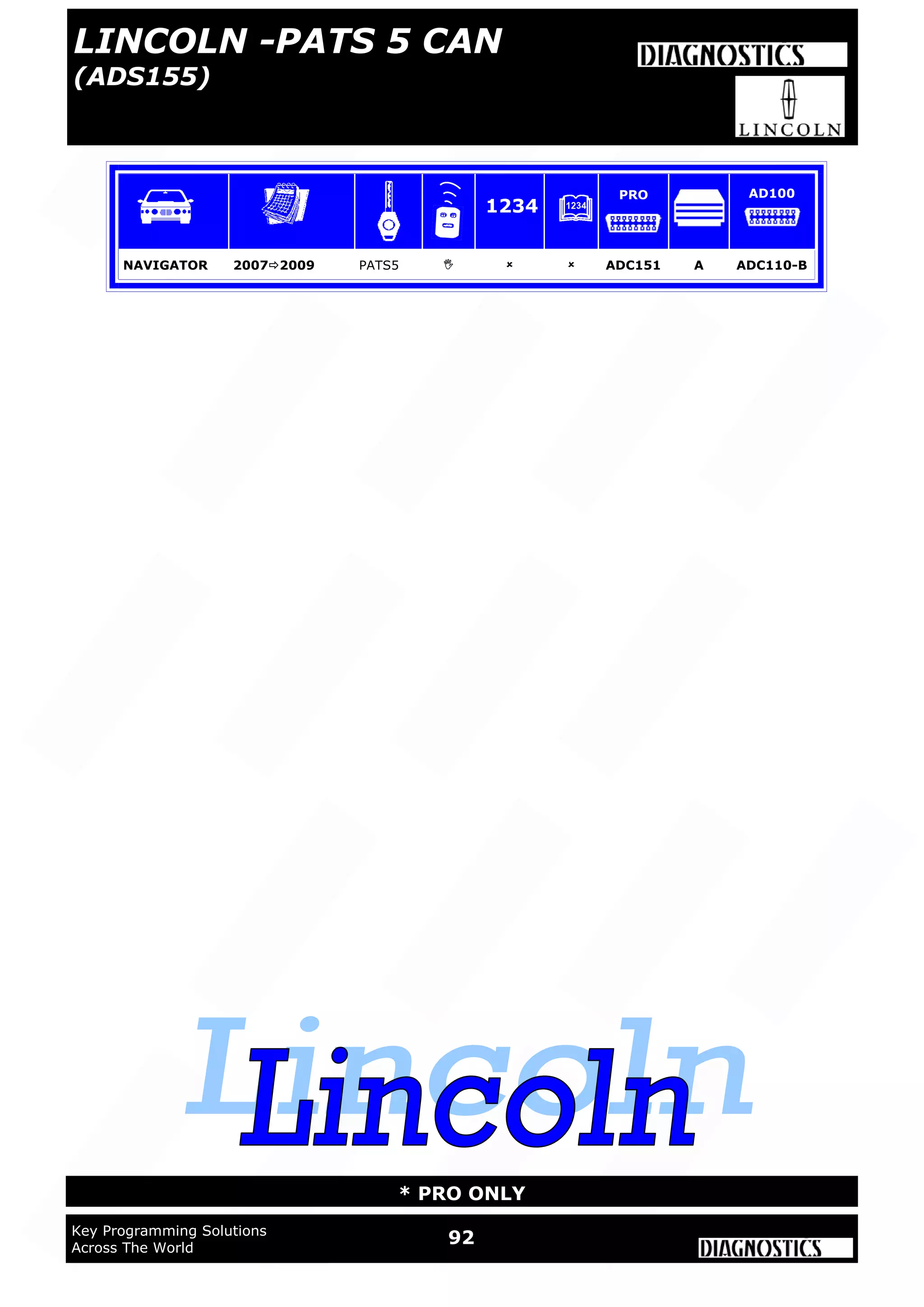 92Key Programming Solutions
Across The World
* PRO ONLY
NAVIGATOR 20072009 PATS5    ADC151 A ADC110-B
1234
PRO AD100
LINCOLN -PATS 5 CAN
(ADS155)
 