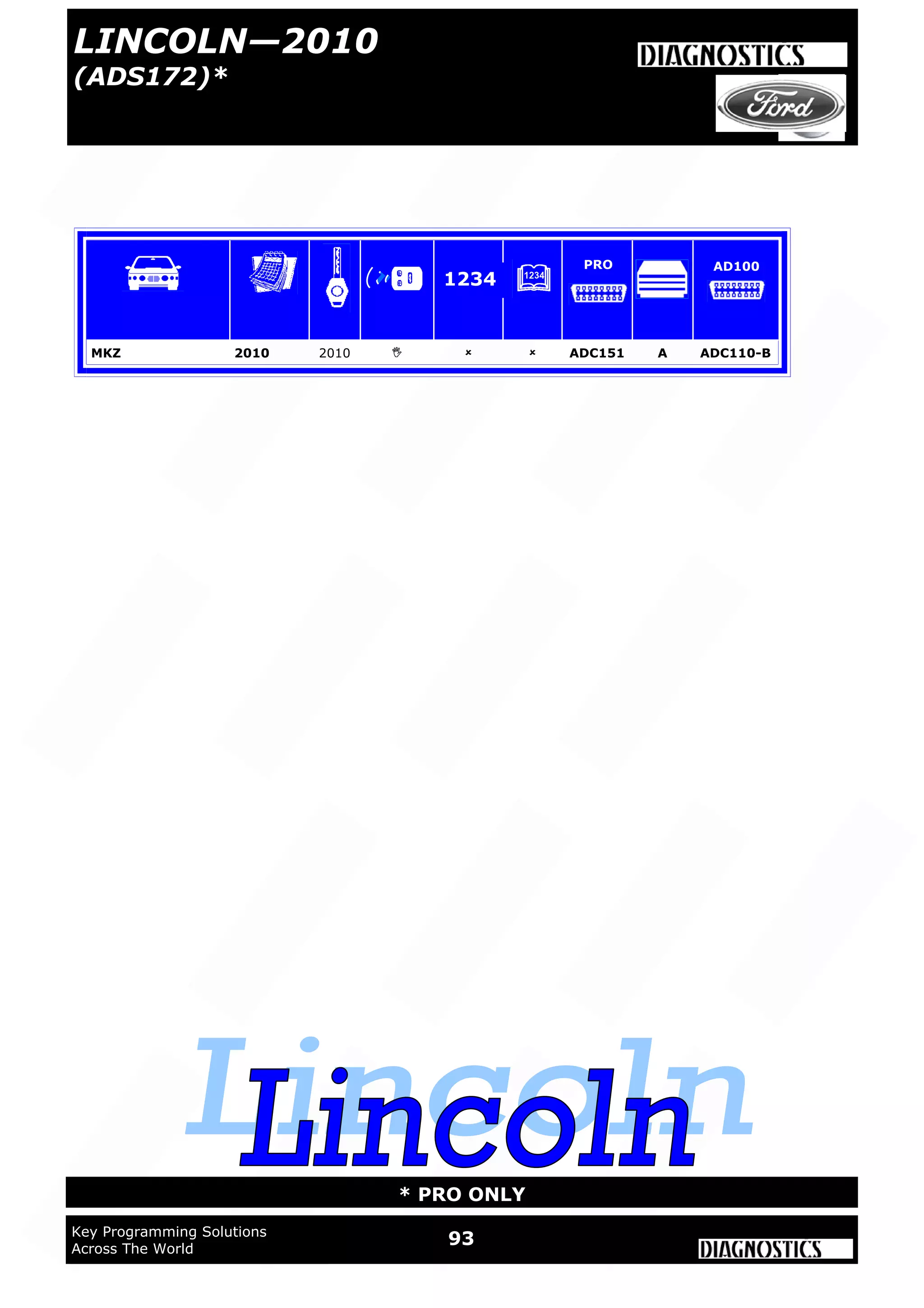 WWW.ADVANCED-DIAGNOSTICS.CO.UK
93Key Programming Solutions
Across The World
* PRO ONLY
LINCOLN—2010
(ADS172)*
MKZ 2010 2010    ADC151 A ADC110-B
1234
PRO AD100
 