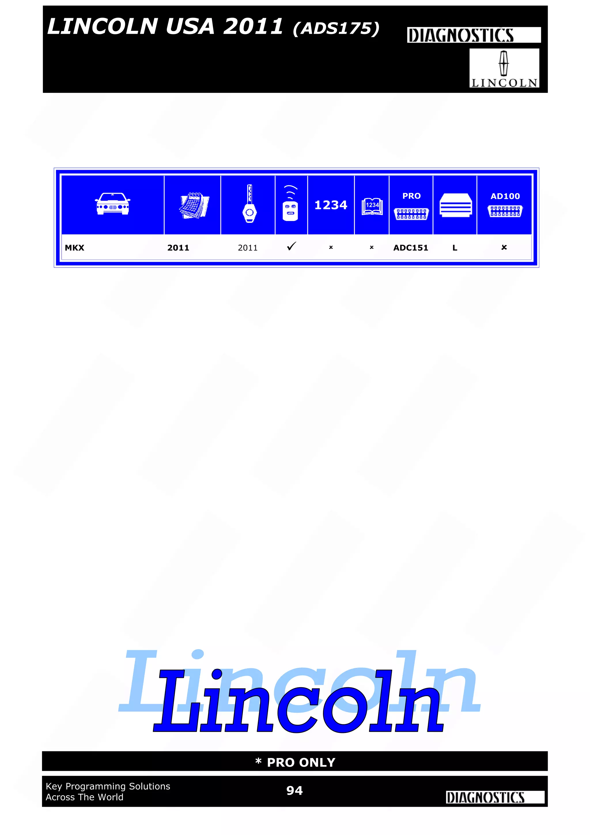 94Key Programming Solutions
Across The World
* PRO ONLY
MKX 2011 2011    ADC151 L 
1234
PRO AD100
LINCOLN USA 2011 (ADS175)
 