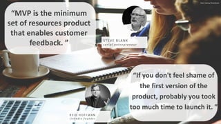 Foto: Startup PhotoStock
“If you don't feel shame of
the first version of the
product, probably you took
too much time to launch it. ”
REID HOFFMAN
L i n ke d I n f o u n d e r
“MVP is the minimum
set of resources product
that enables customer
feedback. ” STEVE BLANK
serial entrepreneur
 