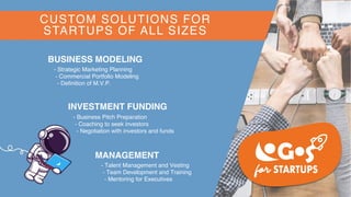 - Business Pitch Preparation
- Coaching to seek investors
- Negotiation with investors and funds
INVESTMENT FUNDING
- Strategic Marketing Planning
- Commercial Portfolio Modeling
- Deﬁnition of M.V.P.
BUSINESS MODELING
- Talent Management and Vesting
- Team Development and Training
- Mentoring for Executives
MANAGEMENT
CUSTOM SOLUTIONS FOR
STARTUPS OF ALL SIZES
 