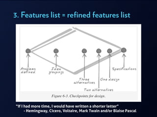 3. Features list = refined features list
“If I had more time, I would have written a shorter letter”
- Hemingway, Cicero, Voltaire, Mark Twain and/or Blaise Pascal
 