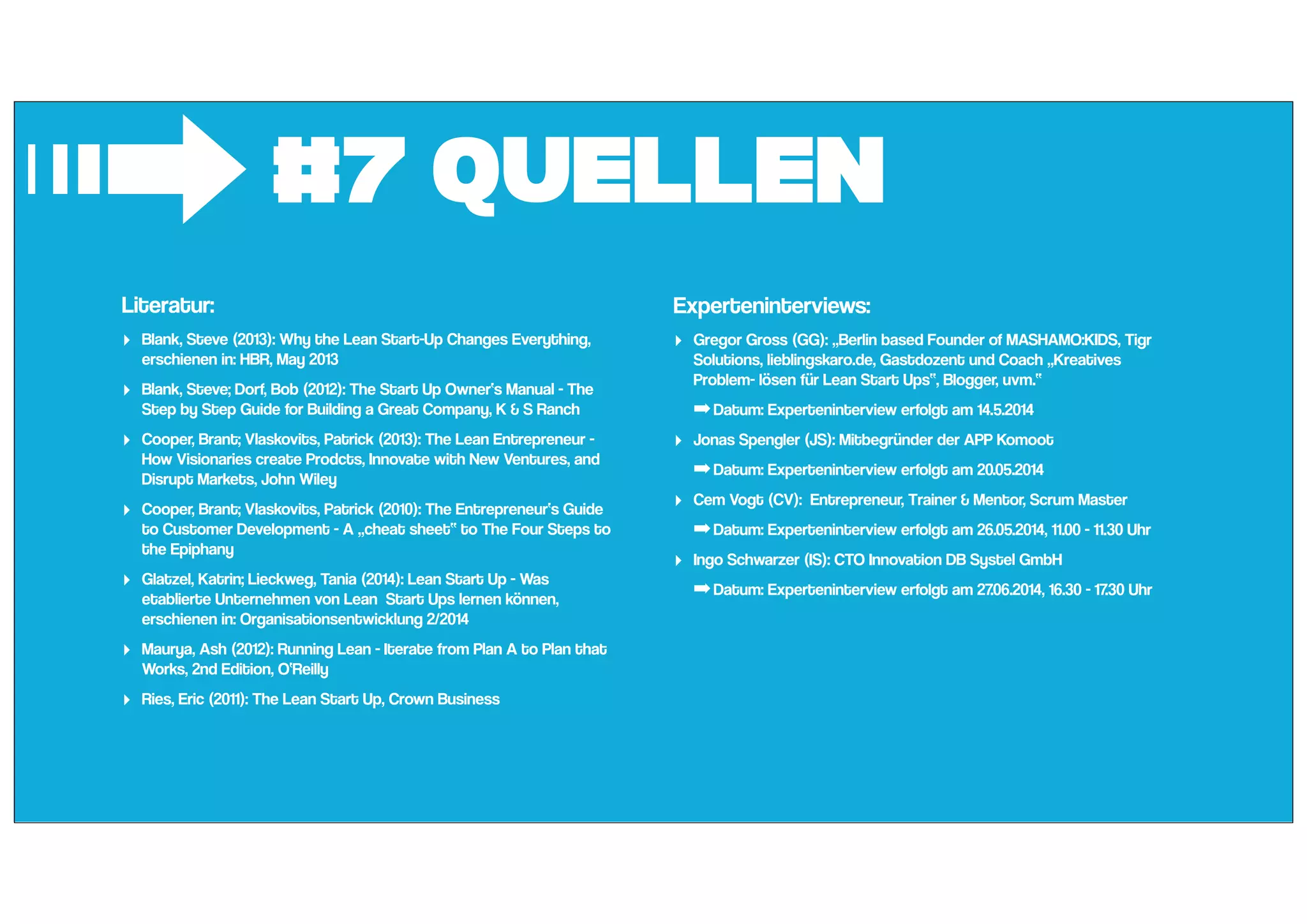 #7 Quellen
➟Literatur:
‣ Blank, Steve (2013): Why the Lean Start-Up Changes Everything,
erschienen in: HBR, May 2013
‣ Blank, Steve; Dorf, Bob (2012): The Start Up Owner‘s Manual - The
Step by Step Guide for Building a Great Company, K & S Ranch
‣ Cooper, Brant; Vlaskovits, Patrick (2013): The Lean Entrepreneur -
How Visionaries create Prodcts, Innovate with New Ventures, and
Disrupt Markets, John Wiley
‣ Cooper, Brant; Vlaskovits, Patrick (2010): The Entrepreneur‘s Guide
to Customer Development - A „cheat sheet“ to The Four Steps to
the Epiphany
‣ Glatzel, Katrin; Lieckweg, Tania (2014): Lean Start Up - Was
etablierte Unternehmen von Lean Start Ups lernen können,
erschienen in: Organisationsentwicklung 2/2014
‣ Maurya, Ash (2012): Running Lean - Iterate from Plan A to Plan that
Works, 2nd Edition, O‘Reilly
‣ Ries, Eric (2011): The Lean Start Up, Crown Business
Experteninterviews:
‣ Gregor Gross (GG): „Berlin based Founder of MASHAMO:KIDS, Tigr
Solutions, lieblingskaro.de, Gastdozent und Coach „Kreatives
Problem- lösen für Lean Start Ups“, Blogger, uvm.“
➡Datum: Experteninterview erfolgt am 14.5.2014
‣ Jonas Spengler (JS): Mitbegründer der APP Komoot
➡Datum: Experteninterview erfolgt am 20.05.2014
‣ Cem Vogt (CV): Entrepreneur, Trainer & Mentor, Scrum Master
➡Datum: Experteninterview erfolgt am 26.05.2014, 11.00 - 11.30 Uhr
‣ Ingo Schwarzer (IS): CTO Innovation DB Systel GmbH
➡Datum: Experteninterview erfolgt am 27.06.2014, 16.30 - 17.30 Uhr
 