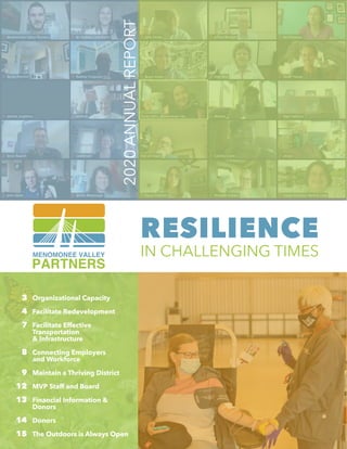 RESILIENCE
IN CHALLENGING TIMES
2020
ANNUAL
REPORT
3 	 Organizational Capacity
4 	 Facilitate Redevelopment
7	 Facilitate Effective 			
	Transportation
	 & Infrastructure
8	 Connecting Employers 		
	 and Workforce
9 	 Maintain a Thriving District
12 	 MVP Staff and Board
13 	 Financial Information & 		
	Donors
14 	 Donors
15 	 The Outdoors is Always Open
 