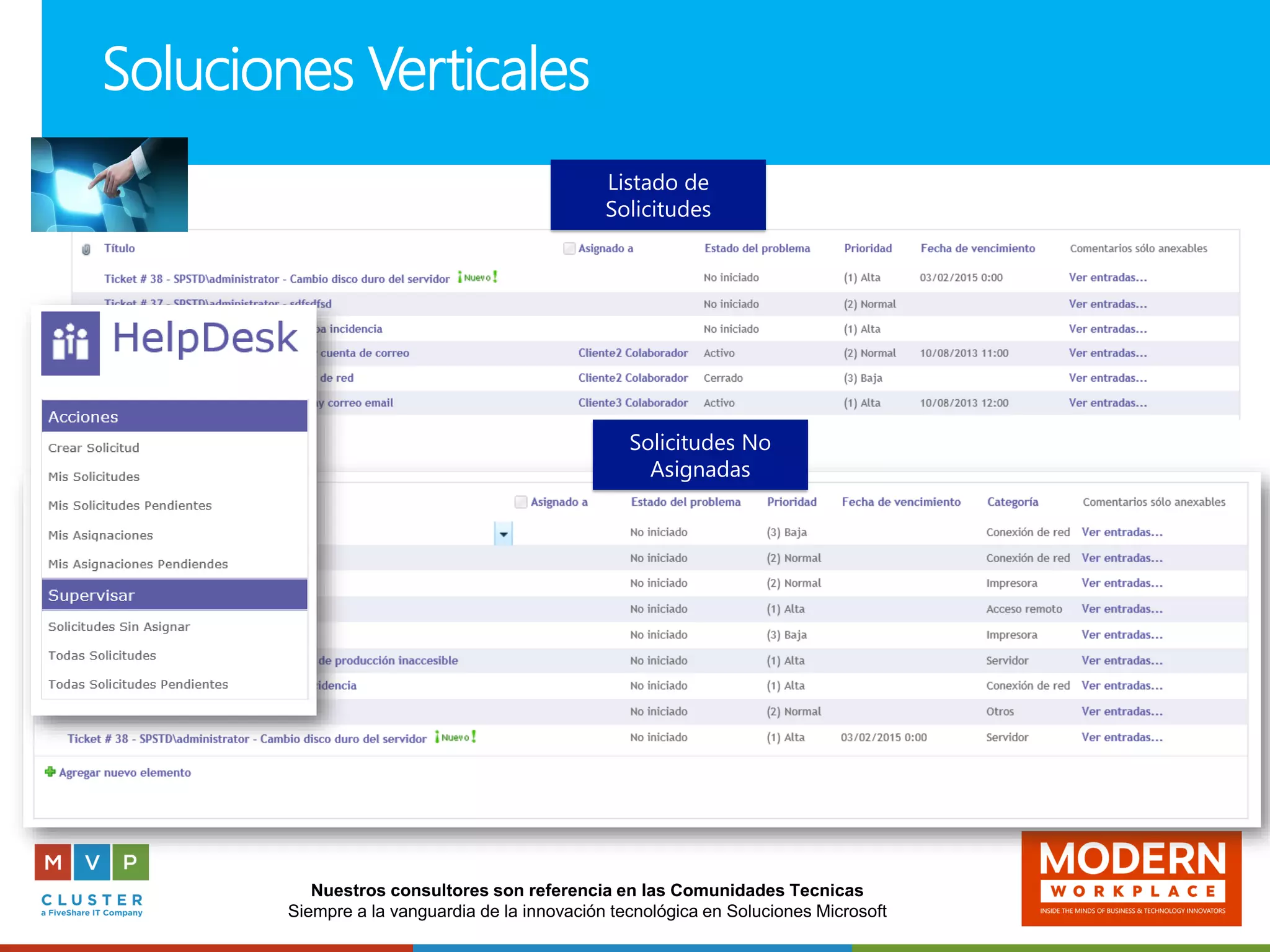 Nuestros consultores son referencia en las Comunidades Tecnicas
Siempre a la vanguardia de la innovación tecnológica en Soluciones Microsoft
Soluciones Verticales
Listado de
Solicitudes
Solicitudes No
Asignadas
 