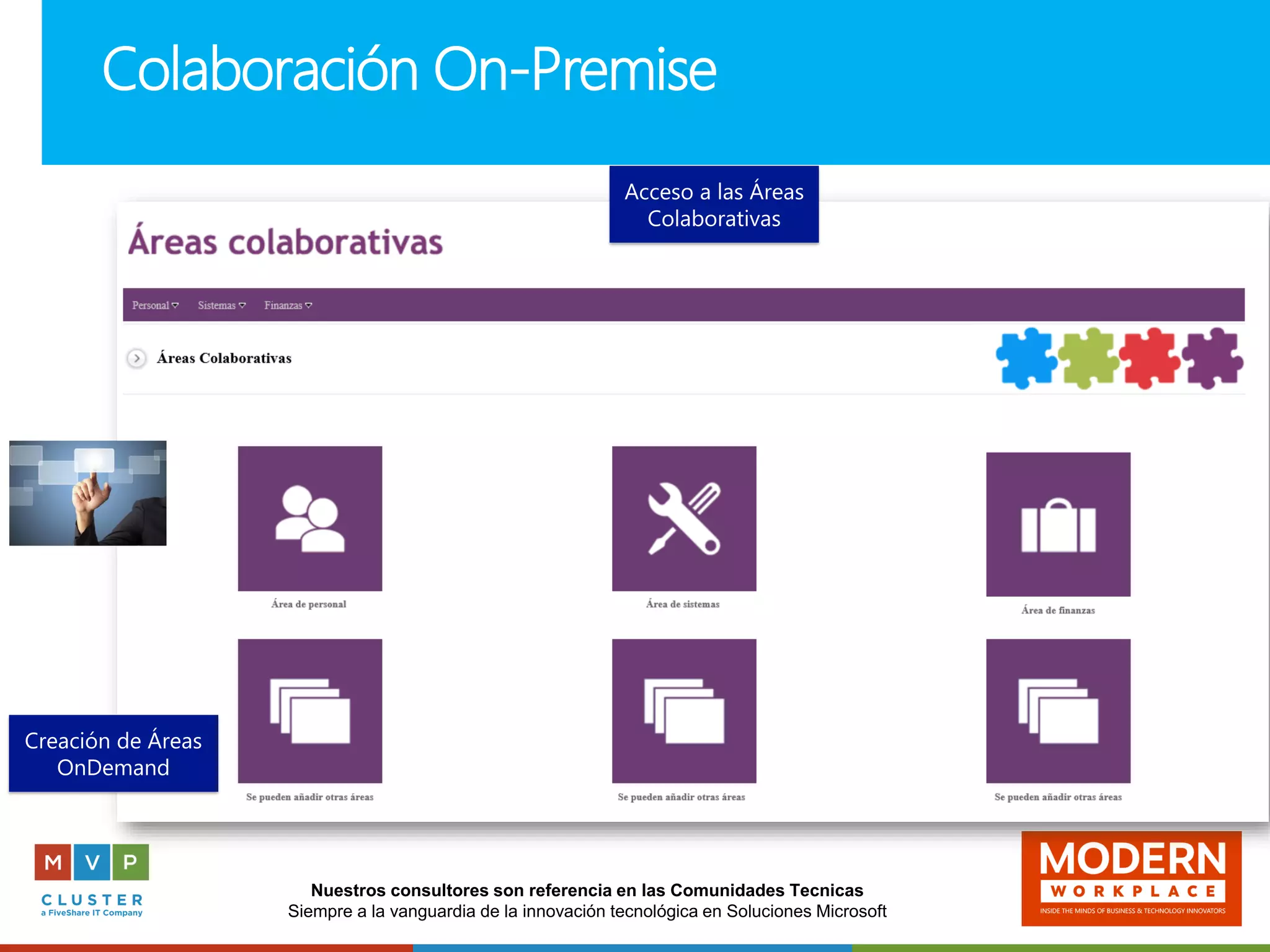 Nuestros consultores son referencia en las Comunidades Tecnicas
Siempre a la vanguardia de la innovación tecnológica en Soluciones Microsoft
Colaboración On-Premise
Acceso a las Áreas
Colaborativas
Creación de Áreas
OnDemand
 