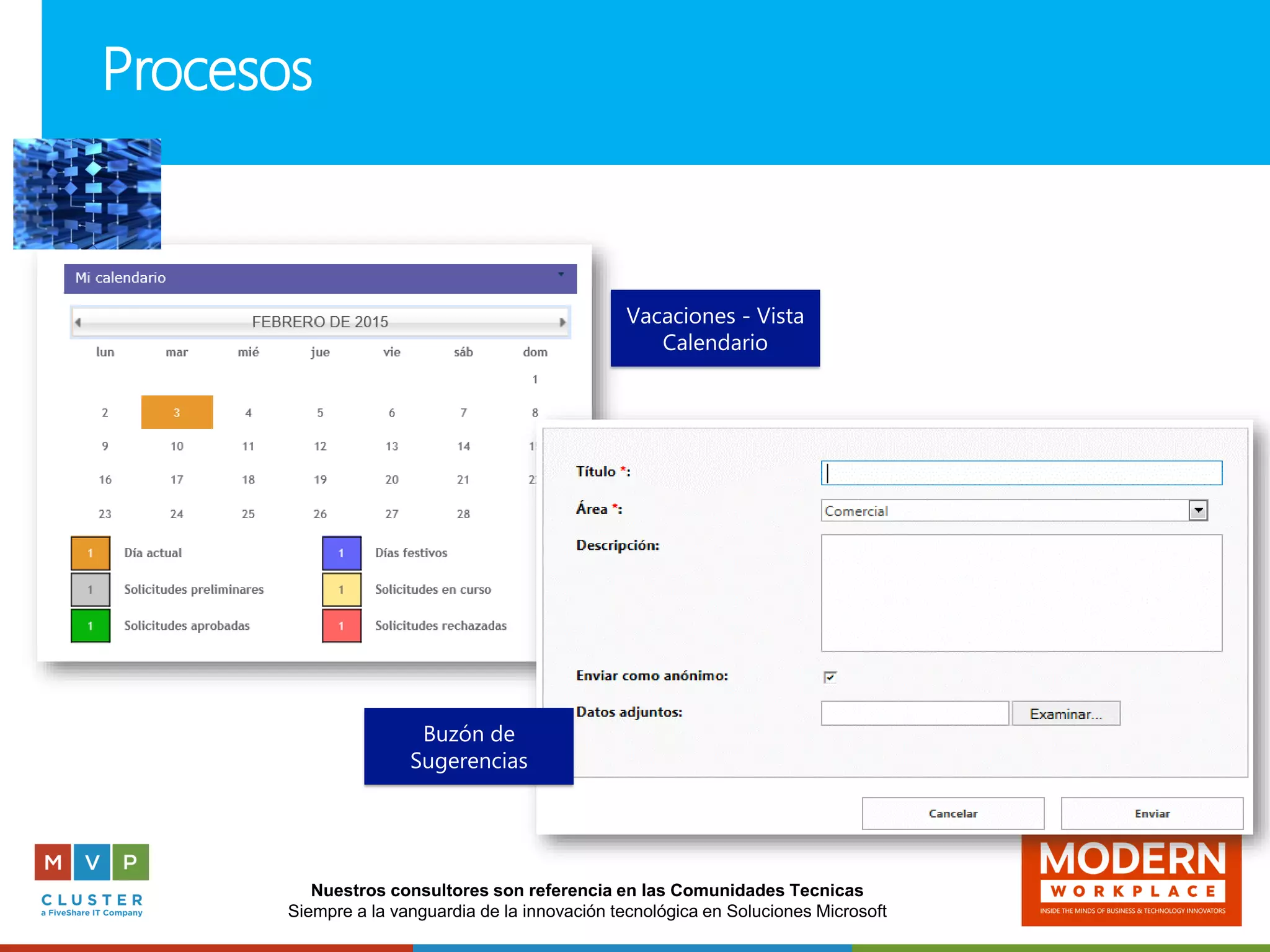 Nuestros consultores son referencia en las Comunidades Tecnicas
Siempre a la vanguardia de la innovación tecnológica en Soluciones Microsoft
Procesos
Vacaciones - Vista
Calendario
Buzón de
Sugerencias
 