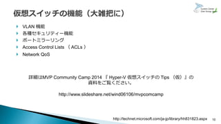 10
 VLAN 機能
 各種セキュリティー機能
 ポートミラーリング
 Access Control Lists （ ACLs ）
 Network QoS
http://technet.microsoft.com/ja-jp/library/hh831823.aspx
詳細はMVP Community Camp 2014 『 Hyper-V 仮想スイッチの Tips （仮）』の
資料をご覧ください。
http://www.slideshare.net/wind06106/mvpcomcamp
 