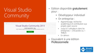 • Edition disponible gratuitement
pour :
• Développeur individuel
• En entreprise :
• Apprentissage, recherche
académique et contribution aux
projets open source
• Jusqu’à 5 utilisateurs dans les
entreprises < 250 postes ou >
1M$US
• En dehors
• Equivalent à une édition
Professionnelle
 