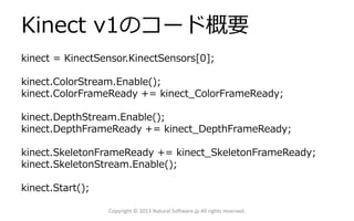 Kinect v1のコード概要
kinect = KinectSensor.KinectSensors[0];
kinect.ColorStream.Enable();
kinect.ColorFrameReady += kinect_ColorFrameReady;
kinect.DepthStream.Enable();
kinect.DepthFrameReady += kinect_DepthFrameReady;
kinect.SkeletonFrameReady += kinect_SkeletonFrameReady;
kinect.SkeletonStream.Enable();
kinect.Start();
Copyright © 2013 Natural Software.jp All rights reserved.
 