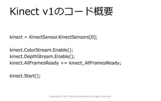 Kinect v1のコード概要
kinect = KinectSensor.KinectSensors[0];
kinect.ColorStream.Enable();
kinect.DepthStream.Enable();
kinect.AllFramesReady += kinect_AllFramesReady;
kinect.Start();
Copyright © 2013 Natural Software.jp All rights reserved.
 