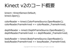 Kinect v2のコード概要
kinect= KinectSensor.Default;
kinect.Open();
colorReader = kinect.ColorFrameSource.OpenReader();
colorReader.FrameArrived += colorReader_FrameArrived;
depthReader = kinect.DepthFrameSource.OpenReader();
depthReader.FrameArrived += depthReader_FrameArrived;
bodyReader = kinect.BodyFrameSource.OpenReader();
bodyReader.FrameArrived += bosyReader_FrameArrived;
Copyright © 2013 Natural Software.jp All rights reserved.
 