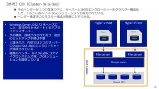 20
SAS JBODエンクロージャーの注意点
• HBAとエンクロージャーの接続に用いられるSASケーブルは太
く固く、取扱いにやや難。
• 最大長は8mと言われており、データセンターにおけるサーバー
とエンクロージャーの配置は考慮が必要。
 