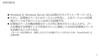 21
【参考】CiB（Cluster-In-a-Box）
•
•
•
•
 予めベンダーが１つの筐体の中に、サーバーとJBODエンクロージャーをクラスター構成化
した、CiB(Cluster-In-a-Box)ソリューションも販売されている。
 ベンダー検証済のクラスター構成が簡便に入手できる。
 