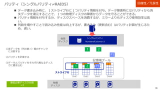 36
ミラー（３方向ミラー）
 データを３つに複製して保持。２つの物理ディスクの障害からデータを守ることができる。
 データを３つに複製する分、保存するデータの３倍のディスクスペースが必要。
 列数を増やすことで、読み書きともにIOPSは向上。
ストライプ行
最低必要ディスク台数
=5
回復性／冗長性
 