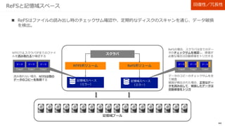 44
エンクロージャーを意識したデータ配置
コピー コピー
回復性／冗長性
 EnclosureAwareness属性を設定することで、データを保存する際に、エンクロージャー筐体を意識
したデータ配置を行う。
 エンクロージャー全体にアクセスできなくなる障害が発生しても、データを利用することができる。
双方向ミラーで、1台のエンクロージャー全体の障害を許容するには、3台以上のエンクロージャーが必要。
３方向ミラーで、2台のエンクロージャー全体の障害を許容するには、5台以上のエンクロージャーが必要。
デュアルパリティで、１台のエンクロージャー全体の障害を許容するには、4台以上のエンクロージャーが必要。
 