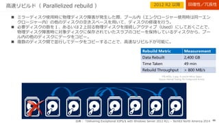 46
ReFSと記憶域スペース 回復性／冗長性
 ミラースペースをReFSでフォーマットしていた場合、ReFSがデータ破損を検知した際には、ReFSはア
プリケーションにはコピーデータを返却しつつ、正常なデータのコピーから破損したデータの自動修復を
行う。
 ReFSは記憶域スペースの持つ冗長性と組み合わせることではじめて、本来持つデータの自動修復能力を
発揮することができる。
Copy0
Metadata Copy1
Metadata
2012 2012R2
ReFSの自動修復 ミラースペース ミラースペース、パリティスペース
CSVのReFS
フォーマット
× ○
出典：「Windows Server 2012 Storage Capabilities for Everyone」- TechEd 2012
 