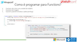 #mvpconf
Como é programar para Functions?
• Functions são como uma unidade de trabalho
• Functions tem triggers
• Functions pode ter entradas e saídas (bindings)
 