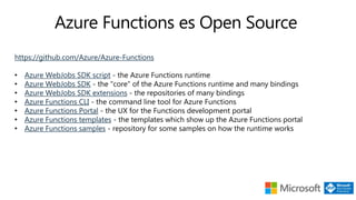 https://github.com/Azure/Azure-Functions
• Azure WebJobs SDK script - the Azure Functions runtime
• Azure WebJobs SDK - the "core" of the Azure Functions runtime and many bindings
• Azure WebJobs SDK extensions - the repositories of many bindings
• Azure Functions CLI - the command line tool for Azure Functions
• Azure Functions Portal - the UX for the Functions development portal
• Azure Functions templates - the templates which show up the Azure Functions portal
• Azure Functions samples - repository for some samples on how the runtime works
 