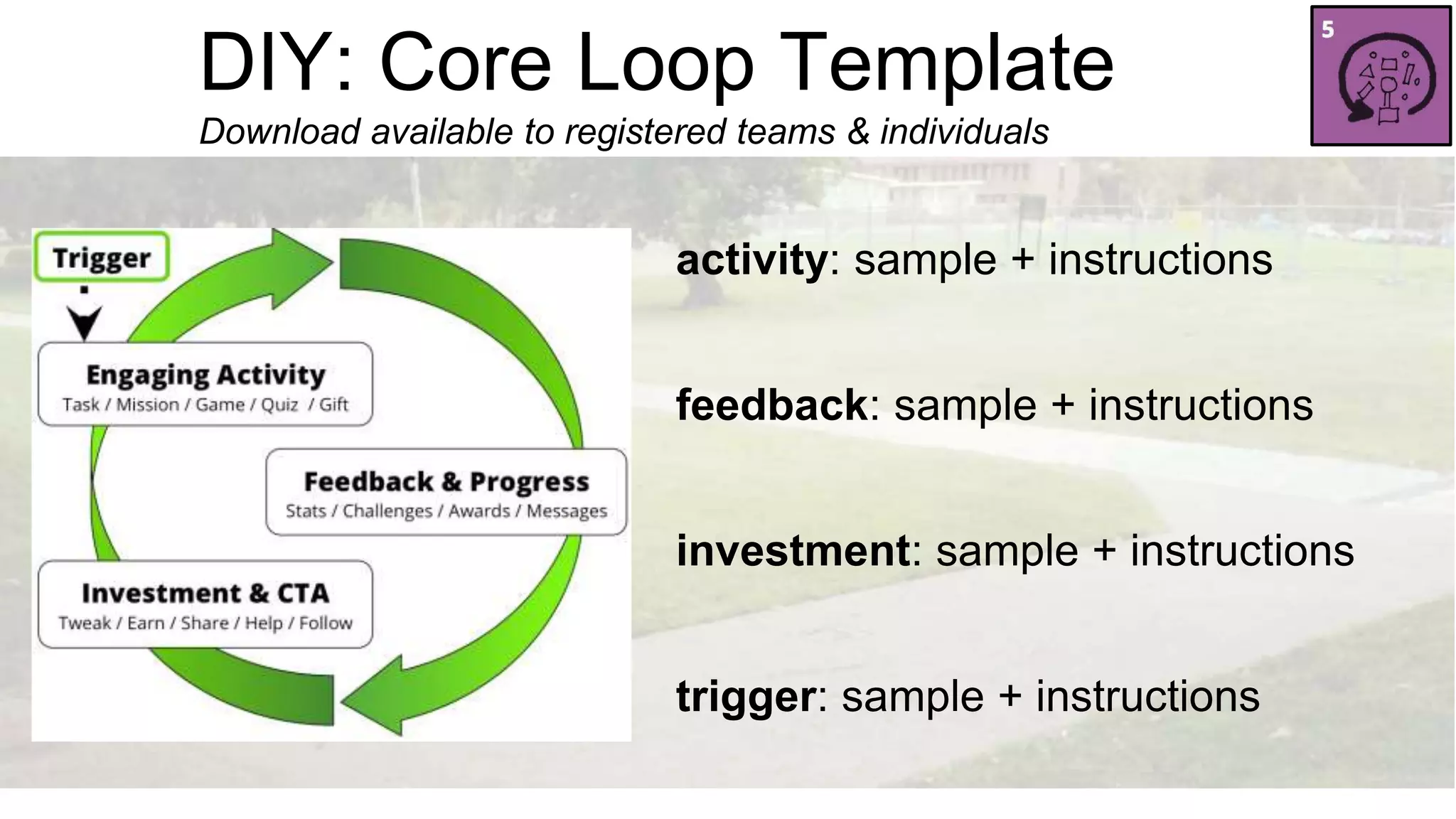 DIY: Core Loop Template 
Download available to registered teams & individuals 
activity: sample + instructions 
feedback: sample + instructions 
investment: sample + instructions 
trigger: sample + instructions 
 