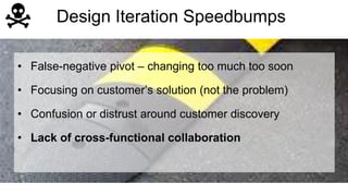 Design Iteration Speedbumps 
• False-negative pivot – changing too much too soon 
• Focusing on customer’s solution (not the problem) 
• Confusion or distrust around customer discovery 
• Lack of cross-functional collaboration 
 