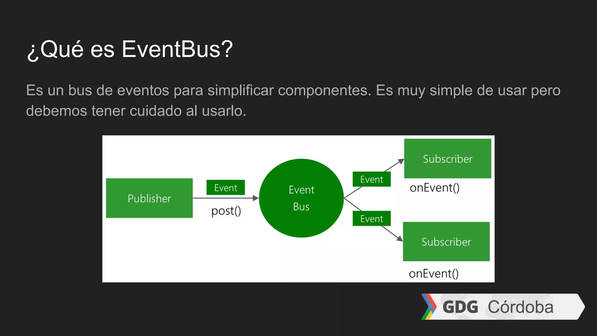 ¿Qué es EventBus?
Es un bus de eventos para simplificar componentes. Es muy simple de usar pero
debemos tener cuidado al usarlo.
 