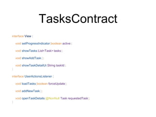 TasksContract
interface View {
void setProgressIndicator(boolean active);
void showTasks(List<Task> tasks);
void showAddTask();
void showTaskDetailUi(String taskId);
}
interface UserActionsListener {
void loadTasks(boolean forceUpdate);
void addNewTask();
void openTaskDetails(@NonNull Task requestedTask);
}
 