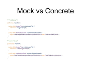 Mock vs Concrete
/** Prod Debug**/
public class Injection {
public static ImageFile provideImageFile() {
return new ImageFileImpl();
}
public static TasksRepository provideTasksRepository() {
return TaskRepositories.getInMemoryRepoInstance(new TasksServiceApiImpl());
}
}
/** Mock Debug**/
public class Injection {
public static ImageFile provideImageFile() {
return new FakeImageFileImpl();
}
public static TasksRepository provideTasksRepository() {
return TaskRepositories.getInMemoryRepoInstance(new FakeTasksServiceApiImpl());
}
}
 