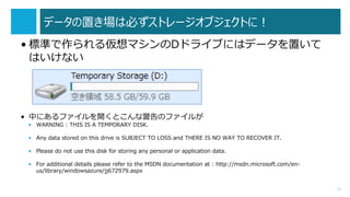 ǩ`äϱؤȥ`֥Ȥˣ
? ˜ʤ끢ޥDɥ饤֤ˤϥǩ`ä
Ϥʤ
? Фˤե_ȤʾΥե뤬
? WARNING : THIS IS A TEMPORARY DISK.
? Any data stored on this drive is SUBJECT TO LOSS and THERE IS NO WAY TO RECOVER IT.
? Please do not use this disk for storing any personal or application data.
? For additional details please refer to the MSDN documentation at : http://msdn.microsoft.com/en-
us/library/windowsazure/jj672979.aspx
11
 