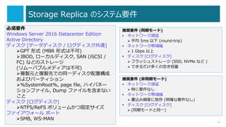 Storage Replica ΥƥҪ
21
Ҫ
Windows Server 2016 Datacenter Edition
Active Directory
ǥ [ǩ`ǥ / ǥͨ]
?GPT ʽ (MBR ʽϲ)
?JBOD, `ǥ, SAN (iSCSI /
FC) ʤɤΥȥ`
(`Х֥ǥϲ)
?}uԪ}uȤǤͬһǥØ
ӥѩ`ƥ
?%SystemRoot%, page file, ϥХͩ`
ե, Dump ե򺬤ޤʤ

ǥ [ǥ]
?NTFS/ReFS ܥ`फĹ̶
ե` ݩ`
?SMB, WS-MAN
? ͥåȥ`W
?
? ͥåȥ`
?
? ǥ [ǥ]
?
?
? ͥåȥ`W
?
? ͥåȥ`
?
? ǥ [ǥ]
?
 