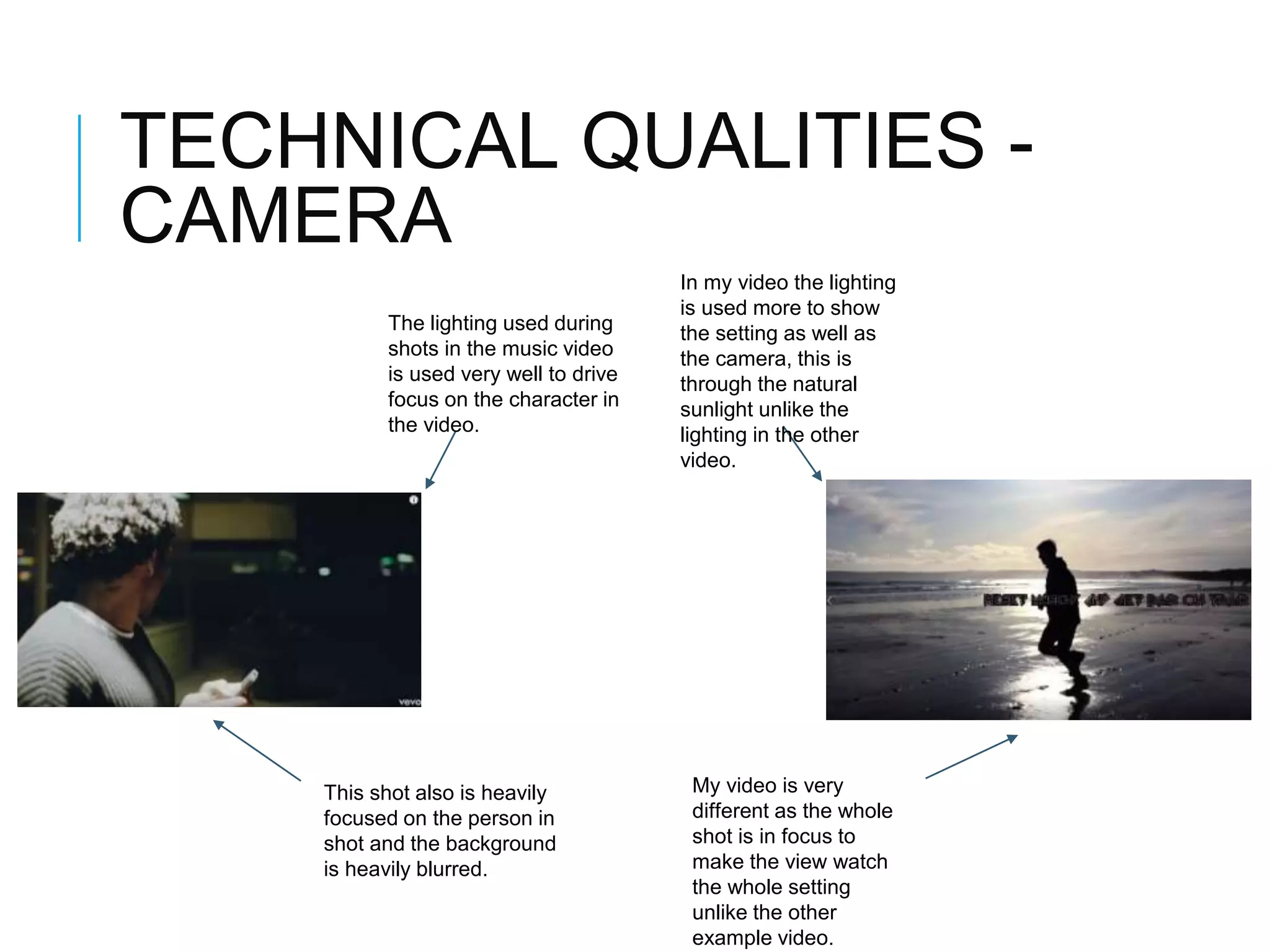 TECHNICAL QUALITIES -
CAMERA
The lighting used during
shots in the music video
is used very well to drive
focus on the character in
the video.
In my video the lighting
is used more to show
the setting as well as
the camera, this is
through the natural
sunlight unlike the
lighting in the other
video.
This shot also is heavily
focused on the person in
shot and the background
is heavily blurred.
My video is very
different as the whole
shot is in focus to
make the view watch
the whole setting
unlike the other
example video.
 