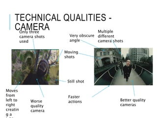 TECHNICAL QUALITIES -
CAMERA
Very obscure
angle
Moving
shots
Moves
from
left to
right
creatin
g a
Still shot
Faster
actions
Multiple
different
camera shots
Only three
camera shots
used
Worse
quality
camera
Better quality
cameras
 