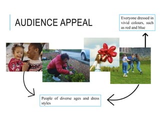 AUDIENCE APPEAL
People of diverse ages and dress
styles
Everyone dressed in
vivid colours, such
as red and blue
 