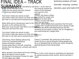 FINAL IDEA – TRACK
SUMMARY
Summary/analysis of track
[consider meaning, content,
duration, pace and style of th
Caught up in this madness too blind to see
Woke animal feelings in me
Took over my sense and I lost control
I'll taste your blood tonight
You know I make you wanna scream
You know I make you wanna run from me baby
But now it's too late you've wasted all your time
Relax while you're closing your eyes to me
So warm as I'm setting you free
With your arms by your side there's no struggling
Pleasure's all mine this time
You know I make you wanna scream
You know I make you wanna run from me baby
But now it's too late you've wasted all your time
Cherishing, those feelings pleasuring
Cover me, unwanted clemency
Scream till there's silence
Scream while there's life left, vanishing
Scream from the pleasure, unmask your desire
Perishing
We've all had a time where we've lost control
We've all had our time to grow
I'm hoping I'm wrong but I know I'm right
I'll hunt again one night
Verse 1 at the start of
the song he realizes he
wants to kill someone
and says he’s lost
control
Chorus, the chorus shows
he's picked his target and
he wants to hear them
scream, he also tells them
they cant get away
Verse 2 some people had suspicions that this part
signifies he's caught the person and is going to rape
them but the band confirmed that was not the
intention he just wants to them, the no struggling is
just confirming he's caught them
Chorus 2
Chorus 2 extended the extension of the chorus
shows he has a sexual thing for killing people and
he is so deluded that he thinks his victim should be
getting pleasure from being killed
Verse 3 this is him trying to rationalize his decisions
by saying everyone loses control, and he will doo it
again
 
