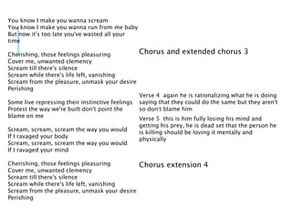 You know I make you wanna scream
You know I make you wanna run from me baby
But now it's too late you've wasted all your
time
Cherishing, those feelings pleasuring
Cover me, unwanted clemency
Scream till there's silence
Scream while there's life left, vanishing
Scream from the pleasure, unmask your desire
Perishing
Some live repressing their instinctive feelings
Protest the way we're built don't point the
blame on me
Scream, scream, scream the way you would
If I ravaged your body
Scream, scream, scream the way you would
If I ravaged your mind
Cherishing, those feelings pleasuring
Cover me, unwanted clemency
Scream till there's silence
Scream while there's life left, vanishing
Scream from the pleasure, unmask your desire
Perishing
Chorus and extended chorus 3
Verse 4 again he is rationalizing what he is doing
saying that they could do the same but they aren't
so don’t blame him
Verse 5 this is him fully losing his mind and
getting his prey, he is dead set that the person he
is killing should be loving it mentally and
physically
Chorus extension 4
 