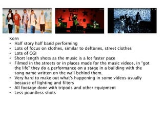 Korn
• Half story half band performing
• Lots of focus on clothes, similar to deftones, street clothes
• Lots of CGI
• Short length shots as the music is a lot faster pace
• Filmed in the streets or in places made for the music videos, in “got
the life” they do a performance on a stage in a building with the
song name written on the wall behind them.
• Very hard to make out what's happening in some videos usually
because of lighting and filters
• All footage done with tripods and other equipment
• Less pountless shots
 