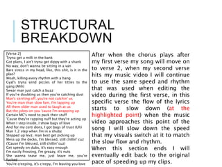 STRUCTURAL
BREAKDOWN
[Verse 2]
Tryna get a milli in the bank
Got plans, I ain't tryna get dippy with a shank
No way, don't wanna be sitting in a van
Bare stress in my head, like, this shit, is it in the
plan?
Woah, killing every rhythm with a bang
Gyal's tryna send piccies of her titties to the
gang (Ahh)
Swear man just catch a buzz
If you're doubting us then you're catching dust
Man's skrrting off, you're not catchin' us
You're man than slow fam, I'm lapping up
All them older man used to laugh at us
But the jokes on you 'cause I'm wrapping up
Certain MC's need to pack their stuff
'Cause they're rapping nuff but they're acting up
When I step inside, I show bags of love
And for my certi dons, I got bags of trust (Uh)
Man 1,2 step when I'm in a shubz
Stepped up levz, man best get picking up
Mess up the decks, I'm blessed, still chillin' cuz
('Cause I'm blessed, still chillin' cuz)
Get speedy on dubs, it's easy enough
I'm easily freezing, I'm greazy, it's nuts
She wanna tease me, just leave me, you're
fucked
You're creeping, it's creepy, I'm leaving you love
After when the chorus plays after
my first verse my song will move on
to verse 2, when my second verse
hits my music video I will continue
to use the same speed and rhythm
that was used when editing the
video during the first verse, in this
specific verse the flow of the lyrics
starts to slow down (at the
highlighted point) when the music
video approaches this point of the
song I will slow down the speed
that my visuals switch at it to match
the slow flow and rhythm.
When this section ends I will
eventually edit back to the original
pace of speeding up my clips.
 