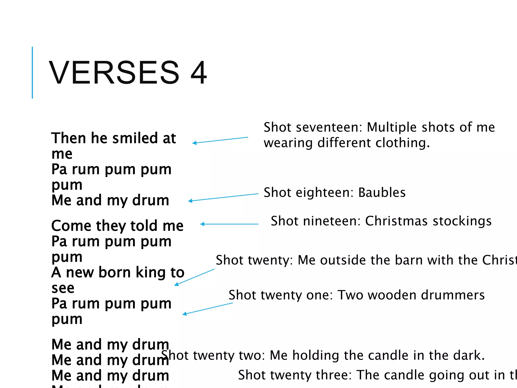 VERSES 4
Then he smiled at
me
Pa rum pum pum
pum
Me and my drum
Come they told me
Pa rum pum pum
pum
A new born king to
see
Pa rum pum pum
pum
Me and my drum
Me and my drum
Me and my drum
Shot seventeen: Multiple shots of me
wearing different clothing.
Shot twenty two: Me holding the candle in the dark.
Shot twenty three: The candle going out in th
Shot eighteen: Baubles
Shot nineteen: Christmas stockings
Shot twenty: Me outside the barn with the Christ
Shot twenty one: Two wooden drummers
 