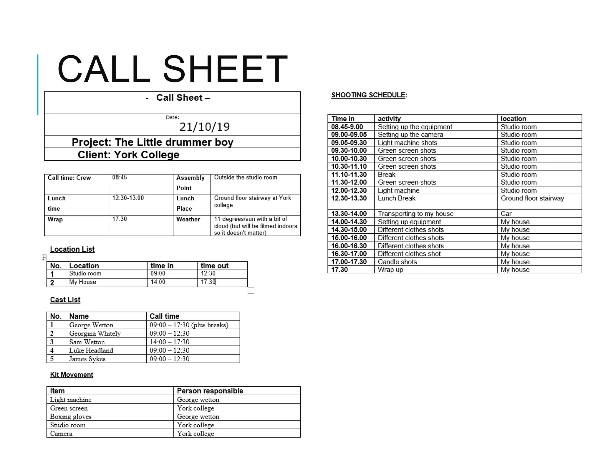 CALL SHEET
 