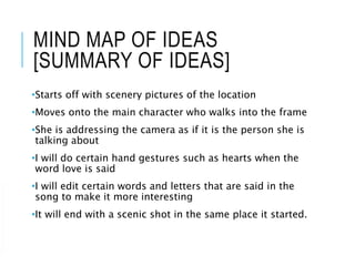 MIND MAP OF IDEAS
[SUMMARY OF IDEAS]
•Starts off with scenery pictures of the location
•Moves onto the main character who walks into the frame
•She is addressing the camera as if it is the person she is
talking about
•I will do certain hand gestures such as hearts when the
word love is said
•I will edit certain words and letters that are said in the
song to make it more interesting
•It will end with a scenic shot in the same place it started.
 