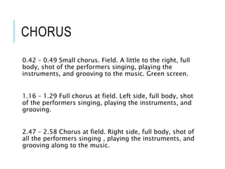 CHORUS
0.42 – 0.49 Small chorus. Field. A little to the right, full
body, shot of the performers singing, playing the
instruments, and grooving to the music. Green screen.
1.16 – 1.29 Full chorus at field. Left side, full body, shot
of the performers singing, playing the instruments, and
grooving.
2.47 – 2.58 Chorus at field. Right side, full body, shot of
all the performers singing , playing the instruments, and
grooving along to the music.
 