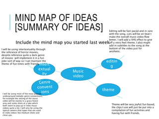 MIND MAP OF IDEAS
[SUMMARY OF IDEAS]
Include the mind map you started last week
Music
video
editin
g
intert
extual
ity
theme
Editing will be fast paced and in sync
with the song, cuts will be on beat t
make the overall music video flow
better. I will add a VHS effect to give
off a retro feel/theme. I also might
add in subtitles to the song at the
bottom of the video just for
aesthetic.
Theme will be very joyful/fun based,
the clips I use will just be put into a
compilation of fun activities and
having fun with friends.
I will be using most of the most popular
underground melodic genre conventions,
for example the setting of the music
video will be mainly in a grass forest
area and some shots at a lake which
both seem to pop up in indie music
videos quite a lot. I will also be using the
typical camera shot types that are used
In indie videos like medium shots and
close ups.
I will be using intertextuality through
the reference of horror movies,
despite reference quite a dark genre
of movies will implement it in a fun
joke sort of way so I can maintain the
theme of fun times with friends.
 