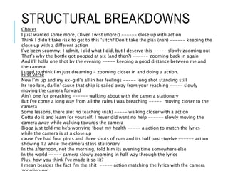 STRUCTURAL BREAKDOWNS
Chores
I just wanted some more, Oliver Twist (more?) ------ close up with action
Think I didn’t take risk to get to this ‘sitch? Don’t take the piss (nah) ------ keeping the
close up with a different action
I’ve been scummy, I admit, I did what I did, but I deserve this ----- slowly zooming out
That’s why the bottle got popped at six (and then?) ------ zooming back in again
And I’ll holla one thot by the evening ----- keeping a good distance between me and
the camera
I used to think I’m just dreaming – zooming closer in and doing a action.
First Verse
Now I’m up and my ex-girl’s all in her feelings ----- long shot standing still
Its too late, darlin’ cause that ship is sailed away from your reaching ----- slowly
moving the camera forward
Ain’t one for preaching ------ walking about with the camera stationary
But I've come a long way from all the rules I was breaching ----- moving closer to the
camera
Some lessons, there aint no teaching (nah) ----- walking closer with a action
Gotta do it and learn for yourself, I never did want no help ------ slowly moving the
camera away while walking towards the camera
Biggz just told me he's worrying ‘bout my health ----- a action to match the lyrics
while the camera is at a close up
cause I've had four pints and three shots of rum and its half past-twelve ------ action
showing 12 while the camera stays stationary
In the afternoon, not the morning, told him its evening time somewhere else
In the world ----- camera slowly zooming in half way through the lyrics
Plus, how you think I've made it so lit?
I mean besides the fact I'm the shit ----- action matching the lyrics with the camera
 