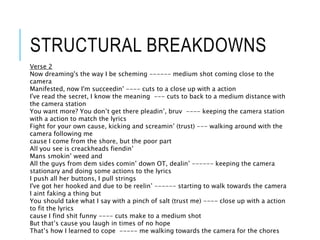 STRUCTURAL BREAKDOWNS
Verse 2
Now dreaming's the way I be scheming ------ medium shot coming close to the
camera
Manifested, now I'm succeedin’ ---- cuts to a close up with a action
I've read the secret, I know the meaning --- cuts to back to a medium distance with
the camera station
You want more? You don’t get there pleadin’, bruv ---- keeping the camera station
with a action to match the lyrics
Fight for your own cause, kicking and screamin’ (trust) --- walking around with the
camera following me
cause I come from the shore, but the poor part
All you see is creackheads fiendin’
Mans smokin’ weed and
All the guys from dem sides comin’ down OT, dealin’ ------ keeping the camera
stationary and doing some actions to the lyrics
I push all her buttons, I pull strings
I've got her hooked and due to be reelin’ ------ starting to walk towards the camera
I aint faking a thing but
You should take what I say with a pinch of salt (trust me) ---- close up with a action
to fit the lyrics
cause I find shit funny ---- cuts make to a medium shot
But that’s cause you laugh in times of no hope
That’s how I learned to cope ----- me walking towards the camera for the chores
 