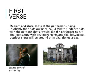 FIRST
VERSE
Medium and close shots of the performer singing
(probably the shots outside), could mix the indoor shots
with the outdoor shots, would like the performer to act
and look angry with any movements and the lip syncing,
outdoor shots will be around or in abandoned areas.
(same sort of
distance)
 