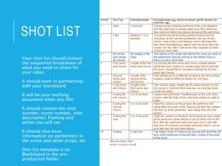 SHOT LIST
Your shot list should contain
the sequential breakdown of
what you need to shoot for
your video
It should work in partnership
with your storyboard
It will be your working
document when you film
It should contain the shot
number, scene number, shot
description, framing and
action you will see
It should also have
information on performers in
the scene and other props, etc
Shot list template is on
Blackboard in the pre-
production folder.
 