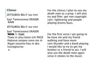 Chorus:
ZETSUBOU BILLY iza rinri
Saa! Tomerarenai ERASER
RAIN
ZETSUBOU BILLY iza rinri
Saa! Tomerarenai ERASER
RAIN
For the chorus I plan to use my
death note as a prop. I will also
try and film/ get non copyright
rain/ lightening and people
playing drums/bass.
Verse 1: (ryo)
Towa ni utsu kono ichi PAGE
Hakanai senpou sono me ni
Aigan sezumo hou ni aku
tsunagourou
e
For the first verse I am going to
be have me and my friend
walking and have more
rain/thunder and a band playing.
I would like to try to get my
brother or a friend to act. I will
also use the death note again
since it relates to the music
 