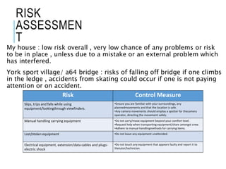 RISK
ASSESSMEN
T
My house : low risk overall , very low chance of any problems or risk
to be in place , unless due to a mistake or an external problem which
has interfered.
York sport village/ a64 bridge : risks of falling off bridge if one climbs
in the ledge , accidents from skating could occur if one is not paying
attention or on accident.
Risk​ Control Measure​
Slips, trips and falls while using
equipment/lookingthrough viewfinders.​
•Ensure you are familiar with your surroundings, any
plannedmovements and that the location is safe.​
•Any camera movements should employ a spotter for thecamera
operator, directing the movement safely.​
Manual handling carrying equipment​ •Do not carry/move equipment beyond your comfort level.​
•Request help when transporting equipment/share amongst crew.​
•Adhere to manual handlingmethods for carrying items.​
Lost/stolen equipment​ •Do not leave any equipment unattended.​
Electrical equipment, extension/data cables and plugs-
electric shock​
•Do not touch any equipment that appears faulty and report it to
thetutor/technician.​
 